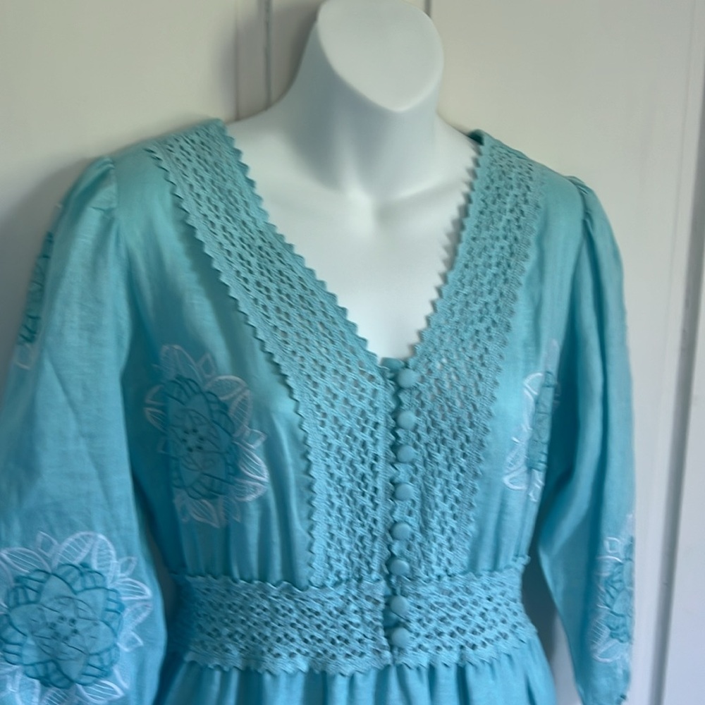 Tyler Boe Celia Linen Maxi Dress with lace & embroidery S Capri Blue - Picture 3 of 6